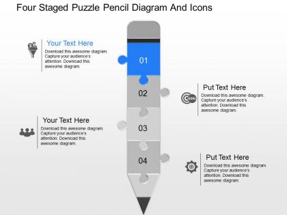 On four staged puzzle pencil diagram and icons powerpoint template