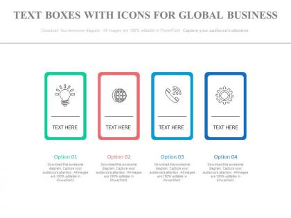 One four text boxes with icons for global business communication flat powerpoint design