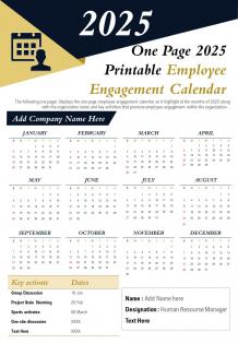 One page 2025 printable employee engagement calendar presentation report infographic ppt pdf document