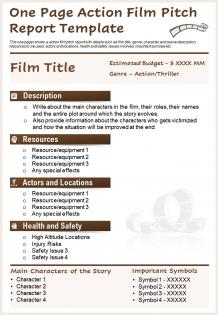 One page action film pitch report template presentation report infographic ppt pdf document