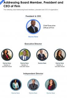One page addressing board member president and ceo of firm report infographic ppt pdf document
