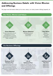 One page addressing business details with vision mission and offerings template 345 ppt pdf document