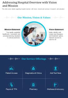 One page addressing hospital overview with vision and mission report infographic ppt pdf document