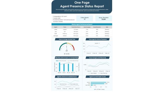 One Page Agent Presence Status Report Presentation Infographic Ppt Pdf Document