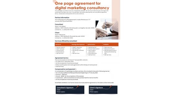 One Page Agreement For Digital Marketing Consultancy Presentation Report Infographic PPT PDF Document