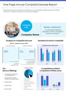 One page annual complaints sample report presentation report infographic ppt pdf document