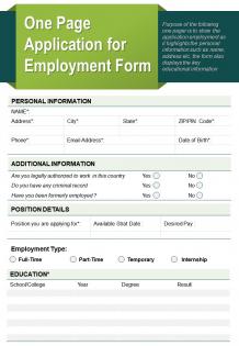 One page application for employment form presentation report infographic ppt pdf document
