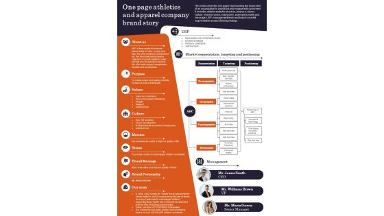 One Page Athletics And Apparel Company Brand Story Presentation Report Infographic Ppt Pdf Document