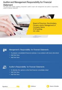 One page auditor and management responsibility for financial statement report infographic ppt pdf document