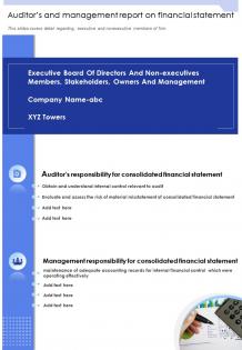 One page auditors and management report on financial statement report infographic ppt pdf document