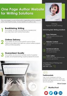 One page author website for writing solutions presentation report infographic ppt pdf document