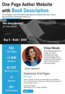 One page author website with book description presentation report infographic ppt pdf document