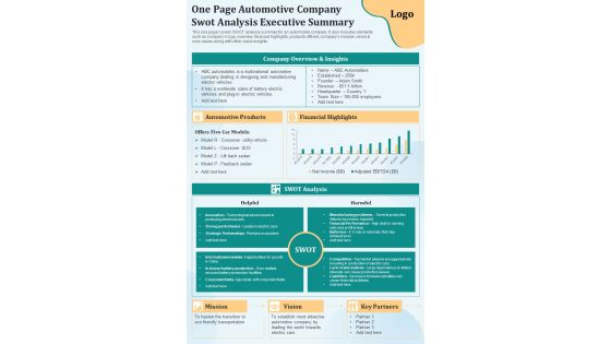 One Page Automotive Company Swot Analysis Executive Summary Presentation Report Infographic Ppt Pdf Document