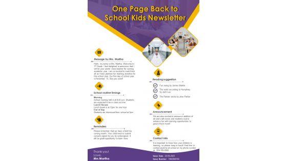 One Page Back To School Kids Newsletter Presentation Report Infographic Ppt Pdf Document