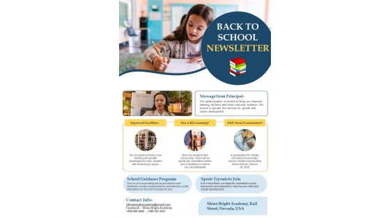 One Page Back To School Parent Newsletter Presentation Report Infographic PPT PDF Document