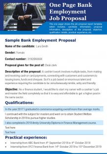 One page bank employment job proposal presentation report infographic ppt pdf document