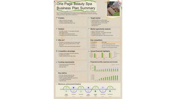 One Page Beauty Spa Business Plan Summary Presentation Report Infographic PPT PDF Document