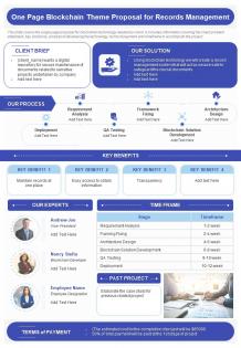 One page blockchain theme proposal for records management presentation report infographic ppt pdf document