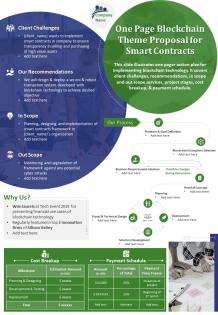 One page blockchain theme proposal for smart contracts presentation report infographic ppt pdf document