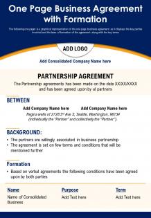 One page business agreement with formation presentation report infographic ppt pdf document