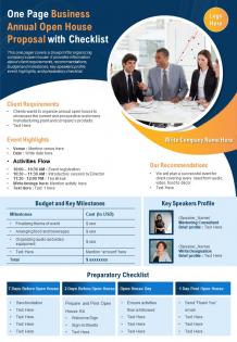 One page business annual open house proposal with checklist presentation report infographic ppt pdf document