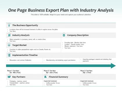 One page business export plan with industry analysis