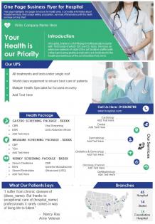 One page business flyer for hospital presentation report infographic ppt pdf document