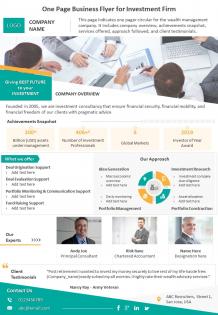 One page business flyer for investment firm presentation report infographic ppt pdf document
