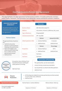 One page business partnership agreement presentation report infographic ppt pdf document