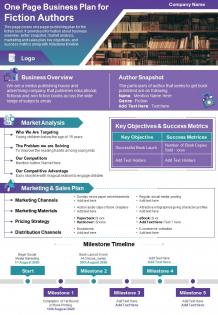 One page business plan for fiction authors presentation report infographic ppt pdf document