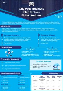 One page business plan for non fiction authors presentation report infographic ppt pdf document
