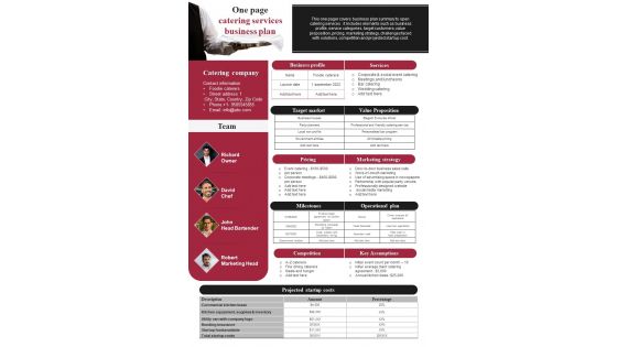 One Page Catering Services Business Plan Presentation Report Infographic Ppt Pdf Document
