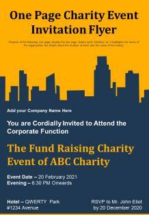 One page charity event invitation flyer presentation report infographic ppt pdf document