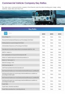 One page commercial vehicle company key ratios template 181 infographic ppt pdf document
