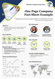 One page company fact sheet example presentation report infographic ppt pdf document