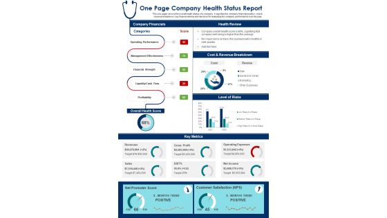 One Page Company Health Status Report Presentation Infographic Ppt Pdf Document