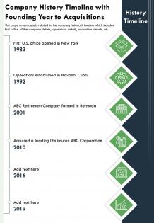 One page company history timeline with founding year to acquisitions template 347 ppt pdf document