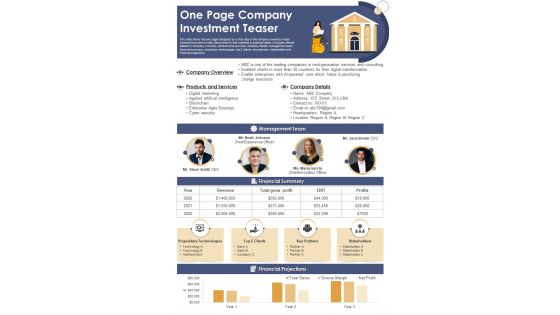 One Page Company Investment Teaser Presentation Report Infographic PPT PDF Document