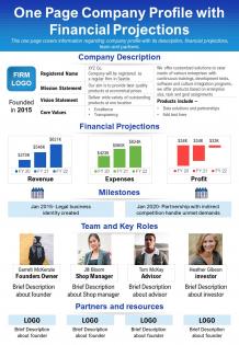 One page company profile with financial projections presentation report infographic ppt pdf document