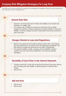 One page company risk mitigation strategies for long term report infographic ppt pdf document