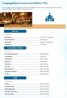 One page congregational council and staff for fy20 presentation report infographic ppt pdf document