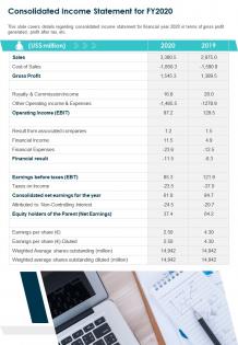 One page consolidated income statement for fy2020 report infographic ppt pdf document