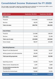 One page consolidated income statement for fy 2020 template 102 infographic ppt pdf document