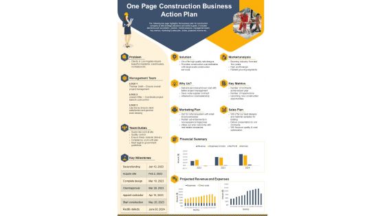 One Page Construction Business Action Plan Presentation Report Infographic Ppt Pdf Document