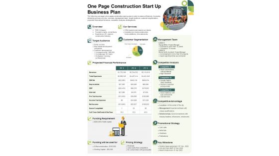 One Page Construction Start Up Business Plan Presentation Report Infographic Ppt Pdf Document