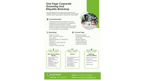 One Page Corporate Grooming And Etiquette Workshop Presentation Infographic PPT PDF Document