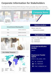 One page corporate information for stakeholders presentation report infographic ppt pdf document