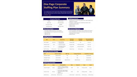 One Page Corporate Staffing Plan Summary Presentation Report Infographic PPT PDF Document