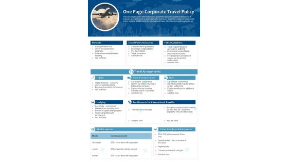One Page Corporate Travel Policy Presentation Report Infographic Ppt Pdf Document