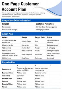 One page customer account plan presentation report infographic ppt pdf document